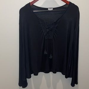 Garage Black Bell Sleeve Lace Up Long Sleeve Top